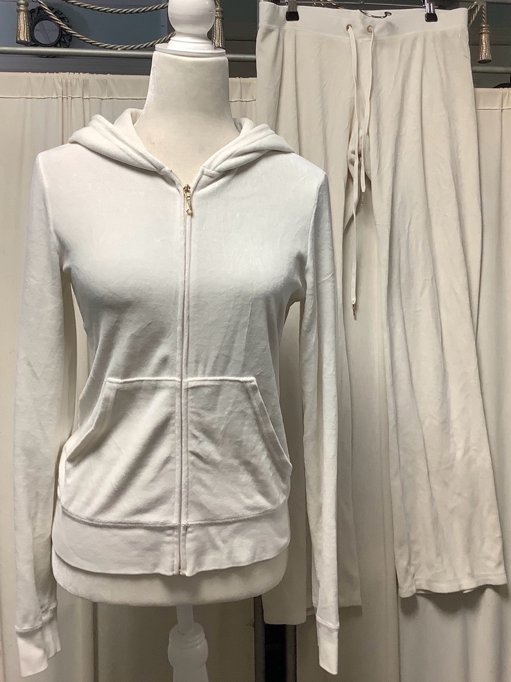 Juicy Couture Y2K Velour Ivory Zip-Up Hoodie Long Pants 32 x 35 Tracksuit